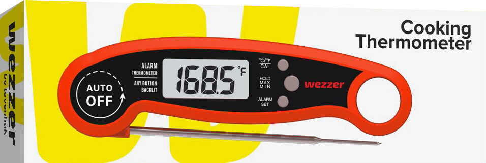 Kuchynský teplomer červenej farby na meranie teploty potravín. 